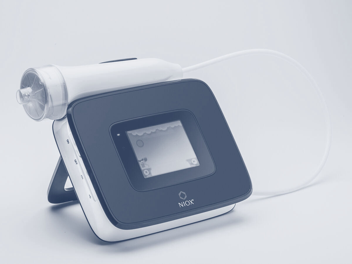 A handheld FENO device with a mouthpiece and screen